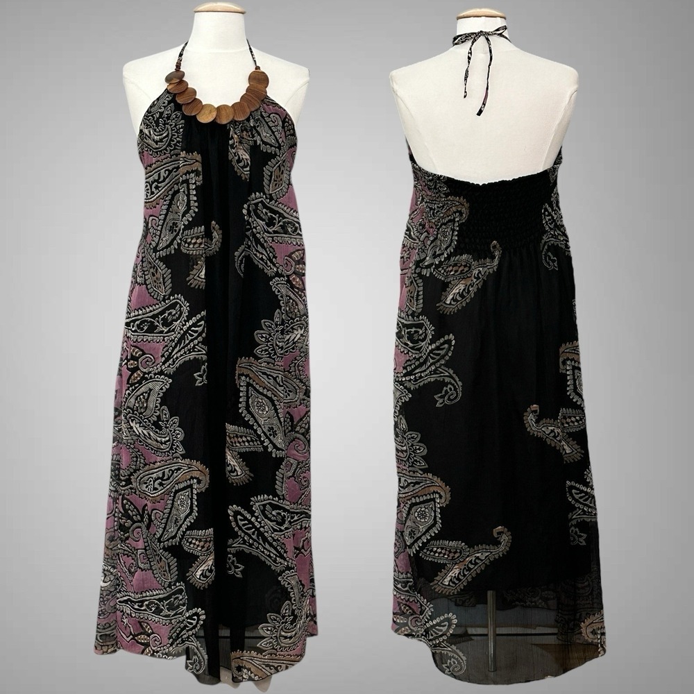 VTG Retro Boho Womens Dress M Black Sheer Gauzy Paisley Flowy Maxi Festival